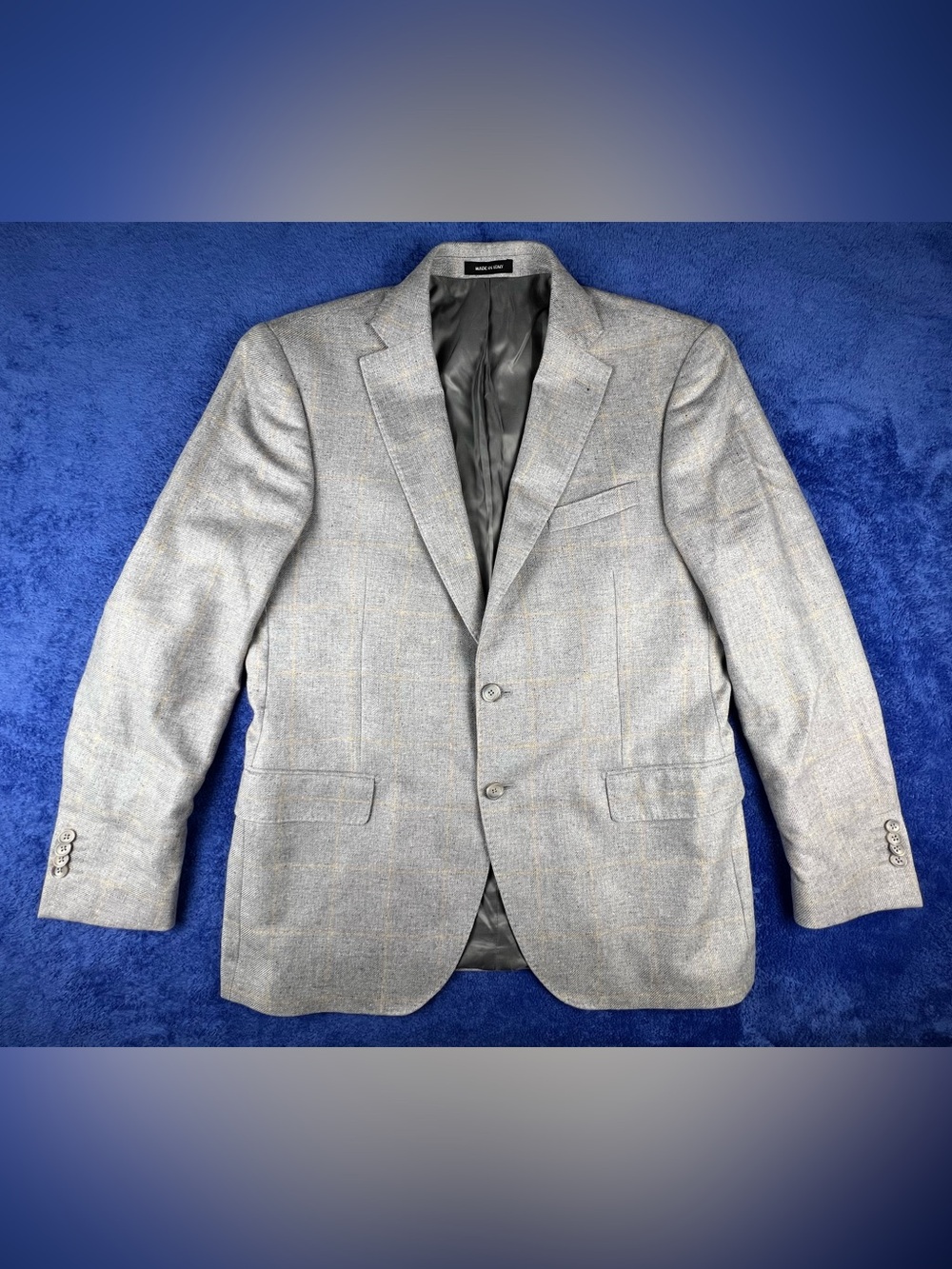 Saks Fifth Avenue Sport Coat 44R Gray Beige Plaid Windowpane Di Pray Wool Silk